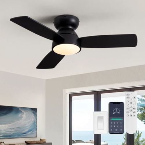 Ludomide 32 Inch Modern Dimmable LED Ceiling Fan With Light And Remote/APP Control, Smart Black Low Profile Flush Mounted Fan Lights Ceiling Fixtures