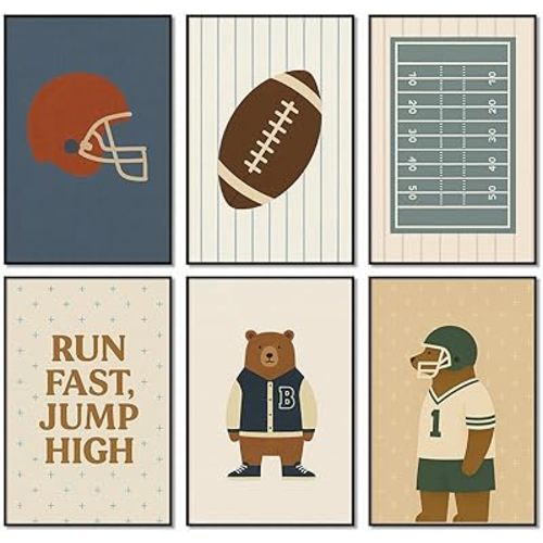 Football Poster Canvas, Baby Boy Sports Nursery Wall Art, Animal Bear Athletes Pictures, Run Fast Jump High Charming Quote Print, Kids Bedroom Soccer Equipment & Field Decor 8x12in Wrapped Canvas