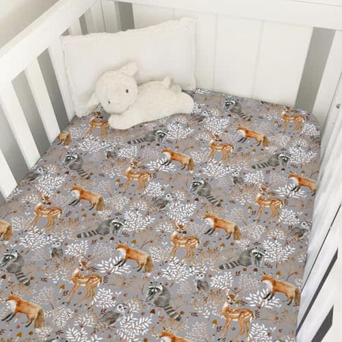 Baby Animals Mushroom Leaves Crib Sheet 52''x28'' Deer Fox Raccoon Owl Stretchy Fitted Crib Mattress Cover for Boy Girl Forest Animals Soft Baby Bed Sheets for Standard Crib Toddler Mattress