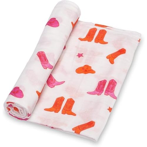 LollyBanks Baby Muslin Swaddle - 100% Cotton, Soft Pink Boot Print Blanket, 47 x 47 Inches, Newborn Essentials, Registry