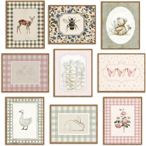 WIARTSH Vintage Nursery Animal Wall Art Set of 9 – Cute Forest Rabbit Deer Bee Canvas Prints Poster, Rustic Cottage Farm Wall Decor for Baby Kids Bedroom Playroom, 8x10 inch Unframed