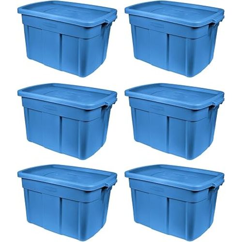 Rubbermaid Roughneck Tote 18 Gal, 6 Pack, Made in USA, Heritage Blue, Rugged Plastic Stackable Storage Bins with Lids and Handles