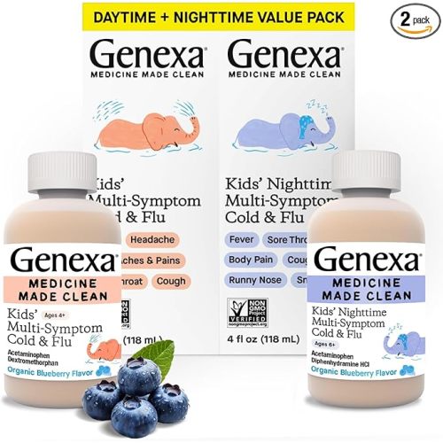 Genexa Kids' Clean Cold & Flu Relief Day/Night Multi-Symptom, Dye Free, 0% Artificial Additives, Children's Liquid Pain, Fever & Cough Medicine, Ages 4-11, Organic Blueberry Flavor, 8 fl oz (2 Pack)
