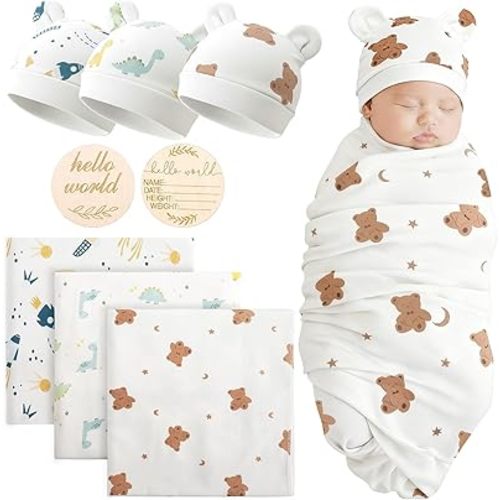 DRESHOW BQUBO Cotton Baby Swaddle Hat Set Newborn Infant Receiving Blankets with Bear Ears Hat Wooden Birth Announcement Card Newborn Unisex Swaddle Wrap Sets Warm Shower Gift