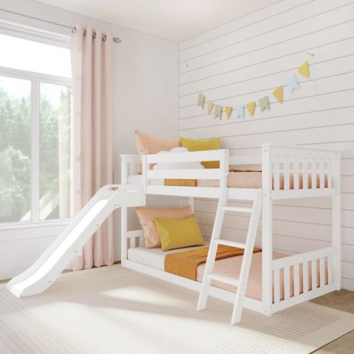 Max & Lily Twin Over Twin Low Bunk Bed with Slide, Solid Wood Kids Platform Bed with 14” Guardrails, White