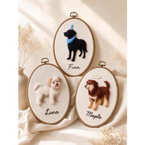 Custom Wool Felt Pet Portrait Hoop, Handmade Memorial Keepsake, Photo to Art