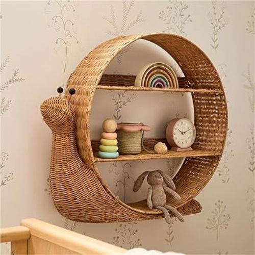 3 Tier Boho Rattan Bookshelf, Cute Animal Shape Hanging Wall Shelf, Decorative Rattan Floating Shelves for Home