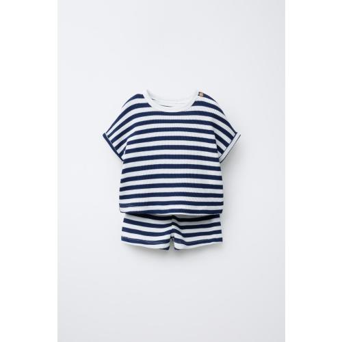 STRIPED WAFFLE T-SHIRT AND BERMUDA SET - Navy blue | ZARA United States