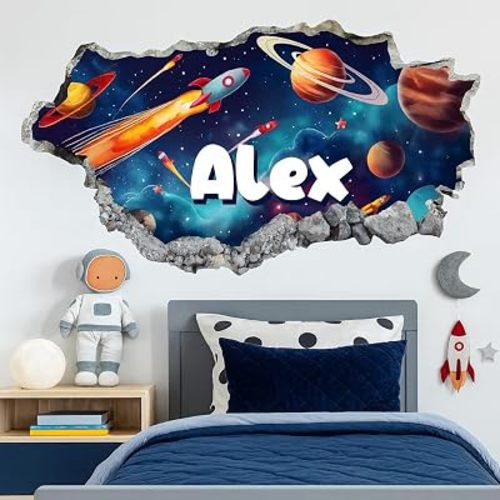 Personalized Space 3D Wall Hole Decal for Kids Room – Custom Name Rocket Galaxy Planet Wall Sticker for Boys Bedroom – Outer Space Themed Wall Art for Nursery Playroom – Removable Vinyl Decor