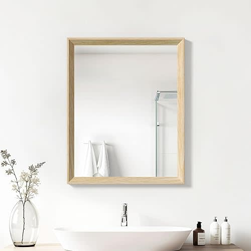 Oak Wood Effect Framed Wall Mirror, 16x20 Rectangle Mirror, 1/8" Anti-desilvering Tempered Glass, Sustainable&Sturdy Frame, Anti-Rust, HD Reflection &3min Fast Setup for Bathroom Living Room