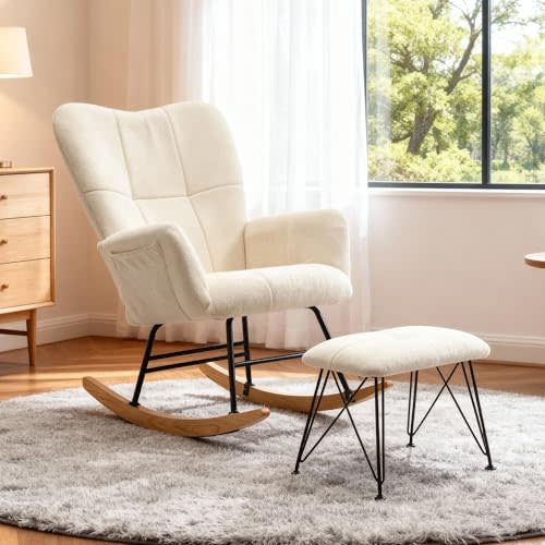 KEEZY Rocking Chair Nursery with Footrest,Upholstered Glider Rocker,Rocking Accent Chair with Padded Seat with High Backrest,Reading Chair,Armchair Comfy Side Chair for Living Room Bedroom (Beige)