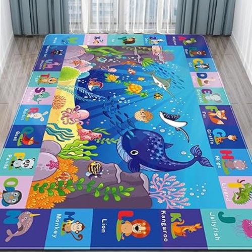 LTKOUGFAM Baby Play Mat for Floor - ABC Kids Rugs for Playroom - Sea Animal Play Rug - Ocean Playmat Crawling Tummy Time Mat, Non-Toxic Non-Slip Rugs (78.7X59 INCH)