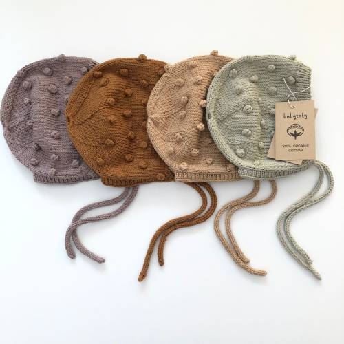 Hand Knitted Popcorn Bonnet - Handmade Popcorn Baby Bonnet - 100% Organic Cotton - Organic, Ethically made, Natural colors