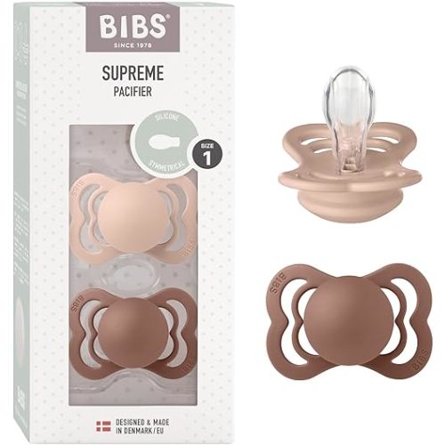 BIBS Pacifiers - Supreme Collection | Symmetrical Nipple | Silicone | Made in Denmark | Set of 2 Woodchuck/Blush Color Premium Soothers | Size 0-6 Months
