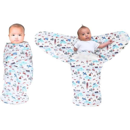 Norani Baby Snugababe Swaddle Pod for Newborns | Secure Arm Inserts Prevent Escape | Easy-Zip for Diaper Changes | Transportation Print