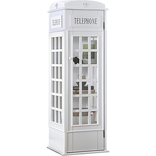 Telephone Booth 5-Tier Wooden Bookcase Freestanding CD Storage Cabinet Living Room Display Bookshelf with Front Door, 44.5" H x 14.4" W x 14.4" D (White)