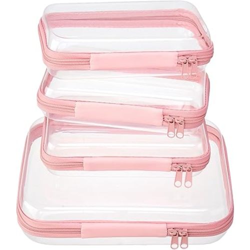 4 pcs Clear Zipper Pouches,Hard Shell Zipper Case, Toiletry Bag for Travel, CLear Diaper Bag, Toiletry Pouch, Travel Organizer, Clear Cosmetic Bag,Toy Storage Bins (M+3S) (Light Pink)