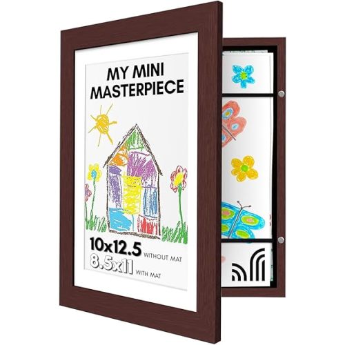 Americanflat Kids Artwork Frame Changeable (Mahogany) - Magnetic Door Holds 100 Art Pieces - 8.5x11 Letter Size Display with Mat or 10x12.5 Without Mat - My Mini Masterpiece