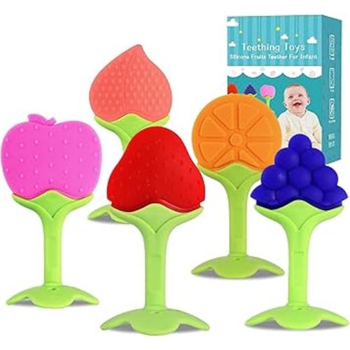 5 PCS Baby Teething Toys, Bagvhandbagro Soft Fruit Teething Toys for Babies Over 3 Months, Silicone Baby Teethers Stick Freezer Safe for Infants and Toddlers
