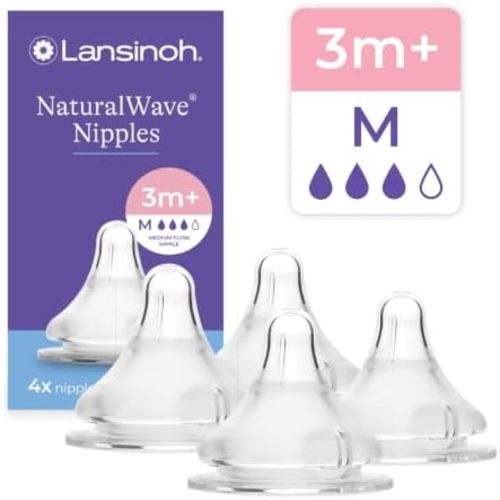 Lansinoh NaturalWave - Baby Bottle Teats, Medium Flow (M), 4 Count