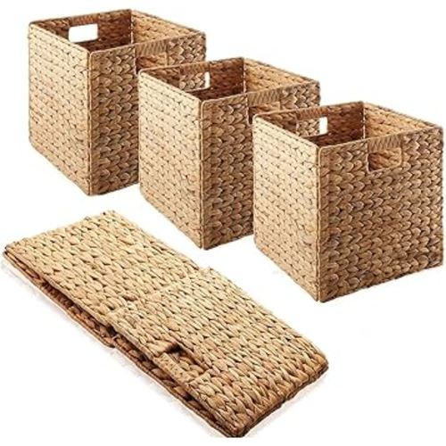 3Pcs Woven Shelf Baskets, 10.5'' Water Hyacinth Handmade Open Storage Bins, Light Brown Pantry Baskets Organization Basket Foldable Storage Bins for Bedroom, Cubby Cubes Wicker Basket with Handles