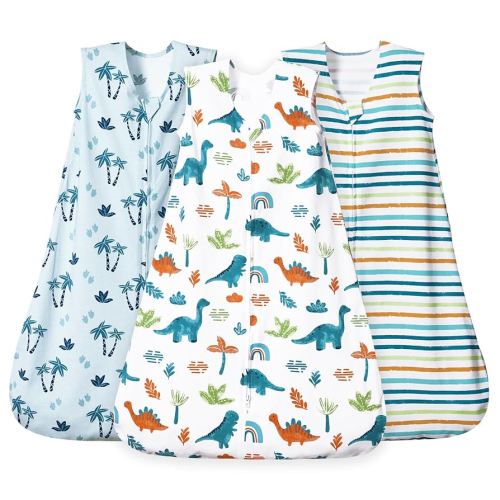 david's kids 3 Pack 100% Cotton Baby Sleep Sack 6-12 Months, Ultra Soft Baby Wearable Blankets with 2-Way Zipper, Comfy Sleeping Bags for Infant Newborn Boys Girls Neutral, Medium Size, Dinosaur