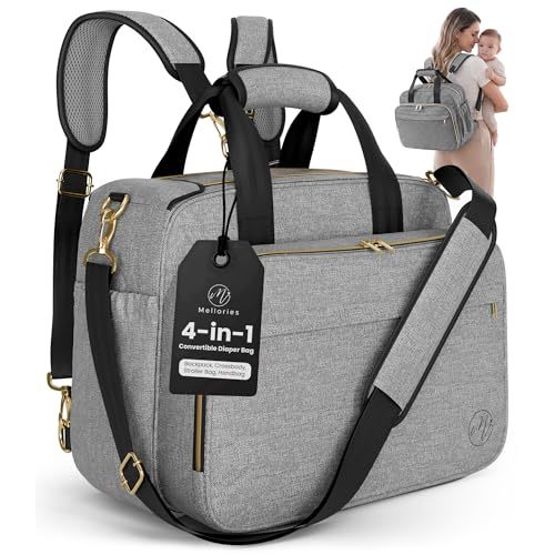 Mellories 4 in 1 Convertible Baby Diaper Bag – Converts from Tote to Backpack, Stroller & Crossbody Diaper Bag – Gray Baby Travel Bag – Gift for Moms