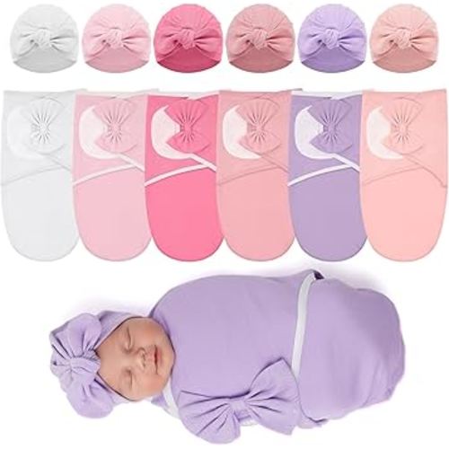 Ramede 6 Pack Preemie Swaddle Blanket with Hats Sleep Swaddle for Baby Boy Girl Preemie Newborn Sacks Soft Cotton Wearable (Rosette,Light Color)