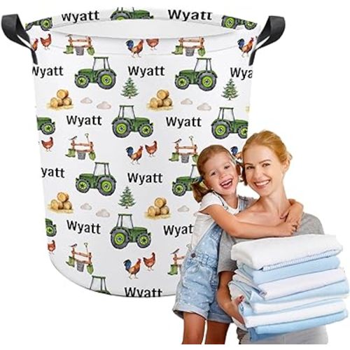 Custom Farm Tractor Laundry Baskets,Personalized Farm Tractor Laundry Basket,Personalized Gifts,Customize Baby Name Laundry Hamper for Kids Adults,Collapsible Clothes Storage Organizer,M-19.5"X 15.7"