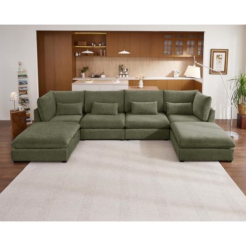 154" Oversized Chenille Couch Modular Sectional Sofa, Washable Cloud Couch Sectional with 2 Ottoman, 6 Seater Sectional Couches for Living Room, Fully Cover Removable, U Shaped, Chenille, Green