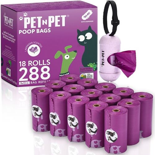 PET N PET Poop Bags for Dogs, 288 Count Lavender Scented Dog Waste Bags with Leash Dispenser, USDA Certified 38% Plant Based & 62% PE Dogs Waste Bag