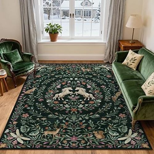 Machine Washable 5x7 Area Rugs for Living Room, Non Slip Soft Low Pile Unicorn Floral Farmhouse Moroccan Vintage Animal Playroom Girls Rugs for Bedroom, Carpet Rugs for Nurseries(Forest Green5'x7')