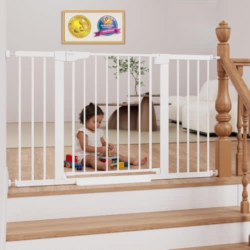 Cumbor 29.7–51.5" Extra Wide Baby Gate for Stairs, Pressure-Mounted Dog Gates for Doorways & Hallways, Auto-Close Walk-Through, No-Trip Design, Child Proof Safety, Dog/Pet Gate for Indoor Use, White