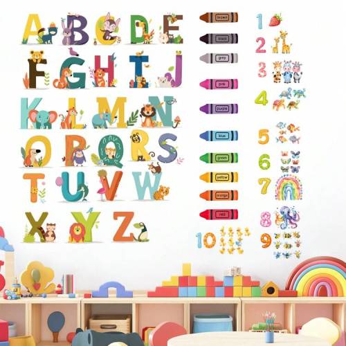 1PC Animal Alphabet And Numbers Wall Decals ABC Letters And Butterfly Numbers Peel And Stick Wall Stickers For Welcome Back To School Classroom Decorations Bedroom Living Room Decoration (2 STYLE) Vinyl Decal,For Bedroom