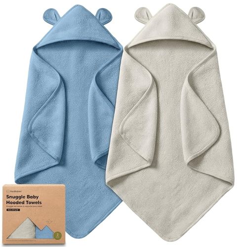 KeaBabies 2-Pack Hooded Baby Towels for Newborn - 30x30 Soft & Absorbent Viscose from Bamboo Baby Bath Towels with Hood for Infant, Toddler,Kids,Boys Girls,Newborn Bath Essentials (Steel, Petite)