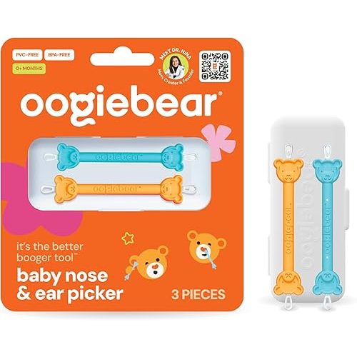 oogiebear: Baby Nose Cleaner & Ear Wax Removal Tool - Safe Booger & Earwax Removal for Newborns, Infants, Toddlers - Dual-Ended - Essential Baby Stuff, Diaper Bag Must-Have, Orange & Seafoam with case