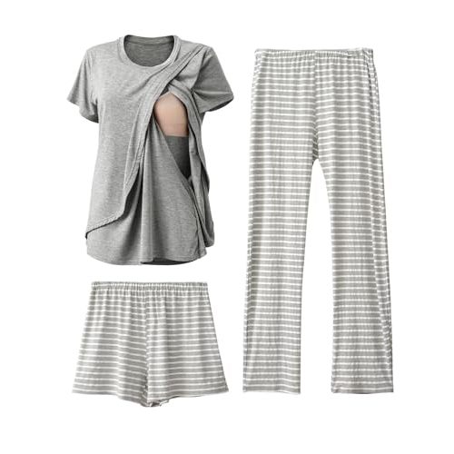 Rnxrbb 3 Piece Postpartum Nursing Pajamas Set Casual Soft Maternity Breastfeeding Pjs Sleepwear Loungewear Clothes Layer