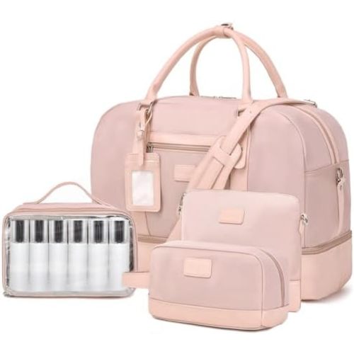 4PCS Weekender Bags for Women Large Overnight Weekend Travel Duffel Carry on Shoulder with Shoe Compartment Canvas Toiletry Bag for Travel Business Gym