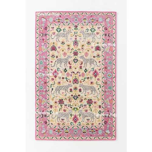Leopard & Floral Hand-Tufted Rug in Pink and Cream - Wool Blend Exotic Animal Carpet - Whimsical Living Room Decor - Bohemian Tufted Rug
