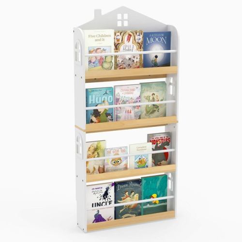 Costway 4-Tier House-Shaped Kids Bookshelf with Anti-falling Baffles Metal Bars for Nursery