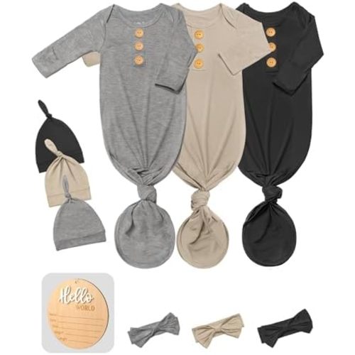 3 PK Baby Knotted Gowns Set with Mittens, Hats, Headbands & Wooden Name Tag for Breathable Newborns Going Home Outfit