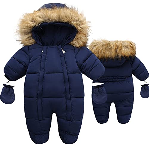 Fairy Baby Infant Baby Winter Snowsuit Coat Romper Hooded Double Zipper Fur Collar Warm Jumpsuit for Boys Girls 6-24 Months
