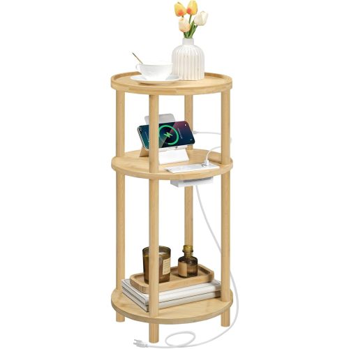HOOBRO Small Round Side Table with Charging Station, 3-Tier Round Bamboo End Table, Compact Sofa Bedside Table for Small Space, Easy Assembly, for Living Room, Bedroom, Apartment, Natural YL152UBZ01