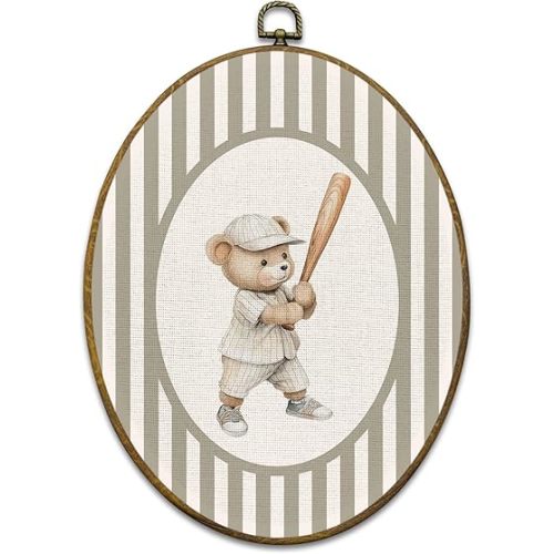 Vintage Baseball Bear Nursery Wall Art Decor, Sports Framed Canvas Prints 8.6x11.4, Neutral Striped Bear Animal Oval Wall Hanging Artwork Decorations for Kids Boy Nursery Room Bedroom