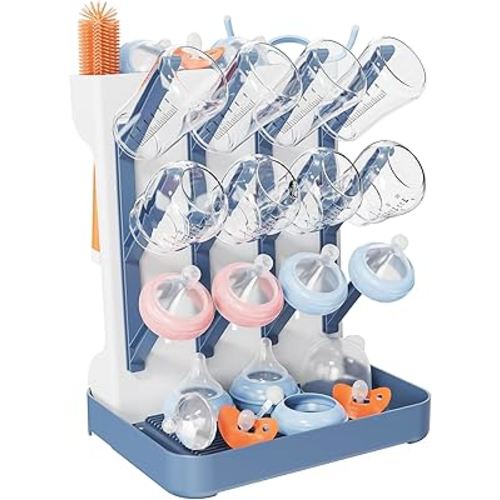 Baby Bottle Drying Rack, Vertical Bottles Dryer Holder Space Saving Standing Bottle Drying Rack for Countertop Kitchen Organize Bottles & Baby Accessories Brushes Pacifiers and Pump Part (Blue)