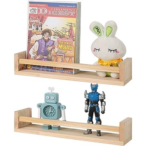 Nursery Book Shelves Set of 2, Wood Floating Book Shelves for Kids Room, Rustic Baby Nursery Shelf Decor for Bedroom, Living Room (Natural)