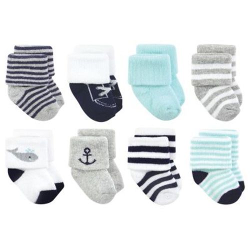 Hudson Baby Basics Infant Baby Cozy Terry Socks 8-Pack, Whale Pod Green, 0-6 Months