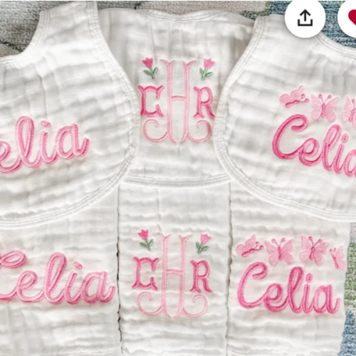 Custom Embroidered Muslin Baby Girl Burp Cloths and Bibs, Monogrammed Newborn Gift, Applique, Pink Bows and Floral Designs