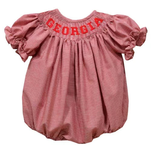 Girls Infant Vive La Fete Red Georgia Bulldogs Gingham Smocked Bishop Bubble Dress