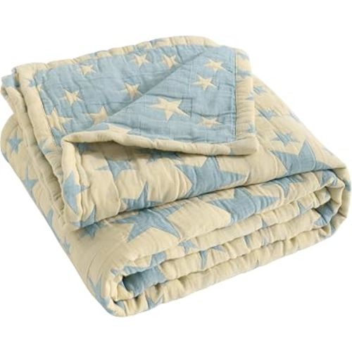 NTBAY 3 Layer Toddler Blanket, Muslin Cotton Jacquard Bed Blankets, Lightweight Thermal Baby Blanket, Super Soft and Warm Crib Blanket for All Seasons, Decoration Gift, 30"x 40", Blue and Yellow Star